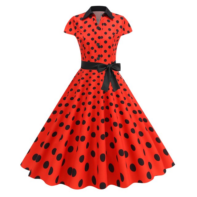Offre Limitée Iumwxz Robe à Col à Revers Manches Courtes pour Femmes Boutons Zippés Robe Rétro à Volants avec Ceinture Imprimé à Pois Robes Habillées pour Extérieur
