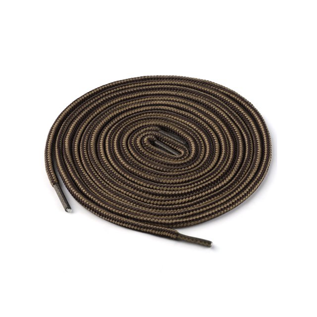 INSPIRE CHIC unisex round rope dual-colored striped boot shoelace, 1/5 inch thick and 120cm (47.24 inches) long, shown in a light brown and coffee color combination. Made of durable polyester fabric, the shoelace features a stylish two-tone design and is suitable for various footwear, including hiking boots, work boots, and casual shoes.