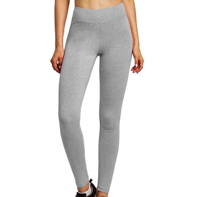 Gravity Threads Womens Cotton Leggings in heather grey, size large. These full-length leggings feature a soft stretch fabric made of 92% cotton and 8% spandex, offering a breathable and comfortable fit. Designed with a supportive waistband, they are ideal for casual wear or light activities.