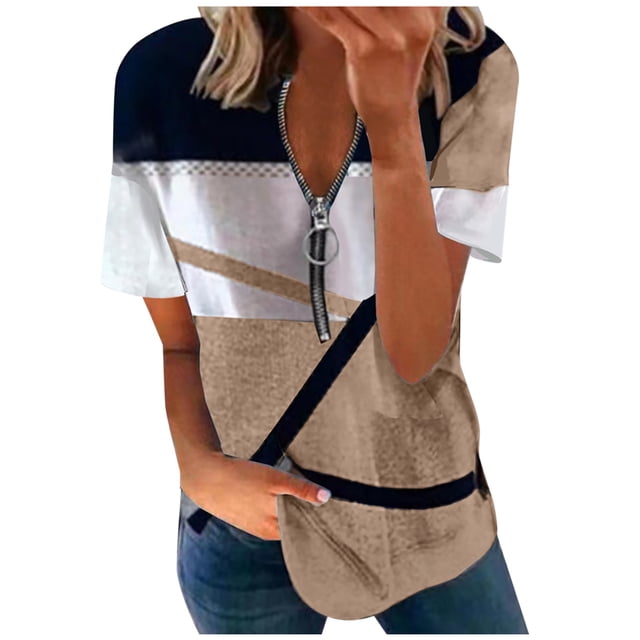 Birdeem Mode Femmes Été Col en V Manches Courtes Imprimé Fermeture Éclair T-Shirt Blouse Décontractée