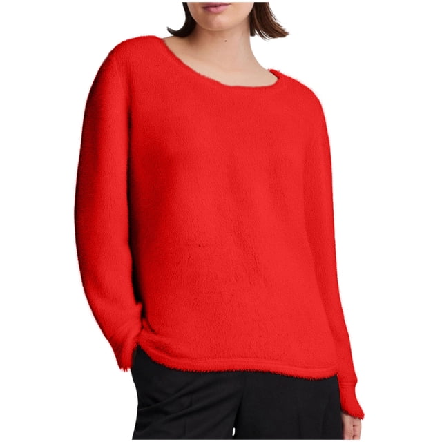 JGGSPWM (S-5XL) Plus Size Women's Pullover Fall Winter Sweaters Solid Color Fleece Long Sleeve Crewneck Oversized Loose Sweater Tops Red XL