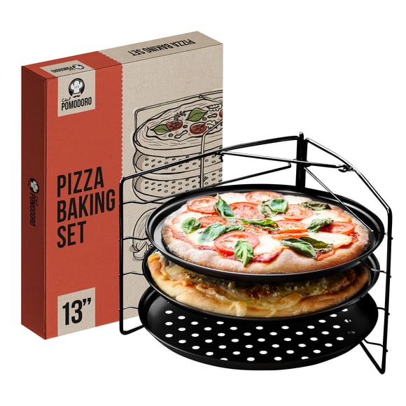 Chef Pomodoro Pizza Baking Set with 3 Pizza Pans and Pizza Rack, Non-stick Perforated Pizza Trays, for Oven, Grill, Barbeque (13-Inch Pans)