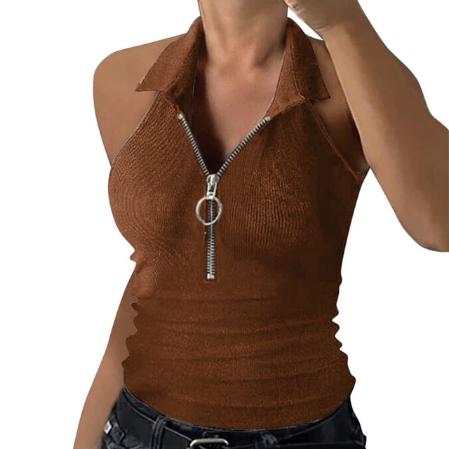 Timegard Womens Tank Top Ribbed Lapel V Neck Zipper Slim Comfy Sleeveless Going out Tee Summer Fashion