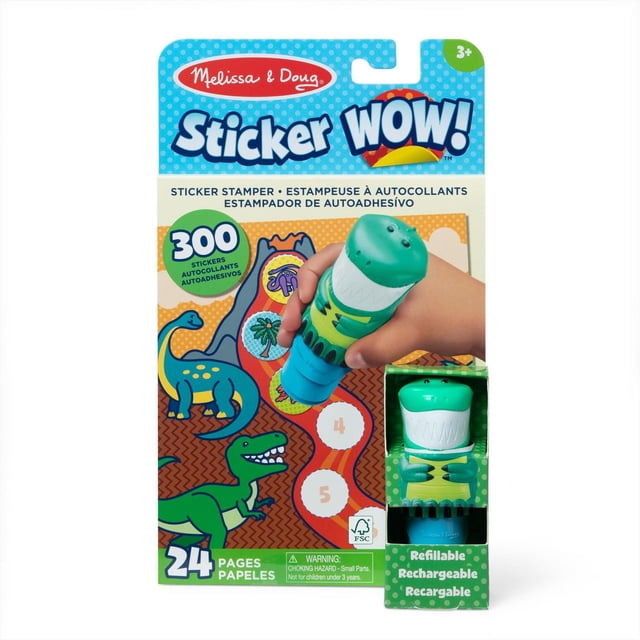 Melissa & Doug Sticker WOW! 24-Page Activity Pad and Sticker Stamper featuring Olive the Dinosaur with 300 prehistoric-themed stickers, refillable stamper, and counting, matching, and search-and-find activities, suitable for creative arts and mess-free travel play for children ages 3 and up.