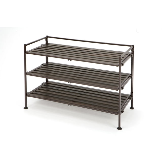 Seville Classics 3 Tier Resin-Wood Shoe Rack with mocha epoxy-coated steel frame and three slatted composite resin wood shelves, measuring 27 by 12.75 by 19.25 inches, shown front 3/4 on white background, stackable and expandable for shoe storage or multipurpose organization.