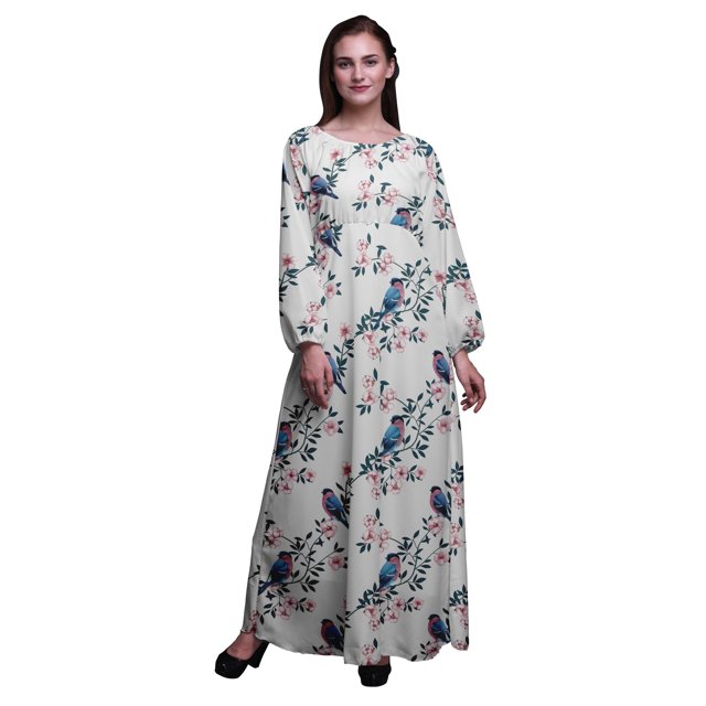 Bimba Robe Maxi d'Été Décontractée pour Femmes en Georgette Mousse à Imprimé de Fleurs et de Rouge-Gorge, Taille Élastique Longue - X-Grand