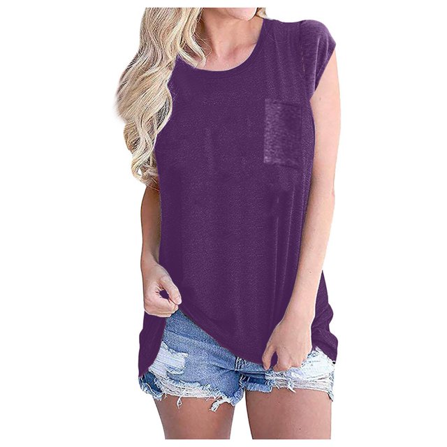 Hauts d'Été pour Femmes Mode Femmes Manches Courtes Col Rond Poches Hauts Décontractés T-shirt Blouse Polyester Blouses pour Femmes en Liquidation