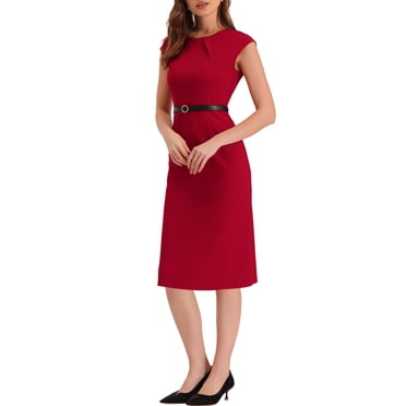 INSPIRE CHIC Robe de Bureau Élégante pour Femmes à Col Rond, Manches Cap, Ceinturée, Robe Fourreau de Travail