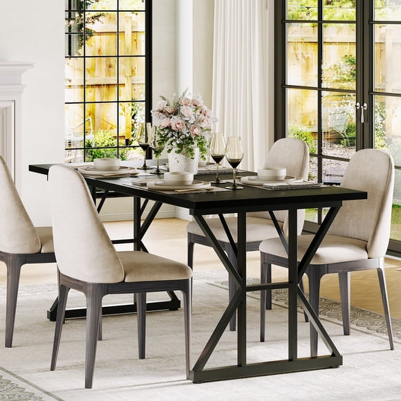Bingirl Industrial Dining Table for-Rectangular Waterproof Wooden Top Heavy Duty Black
