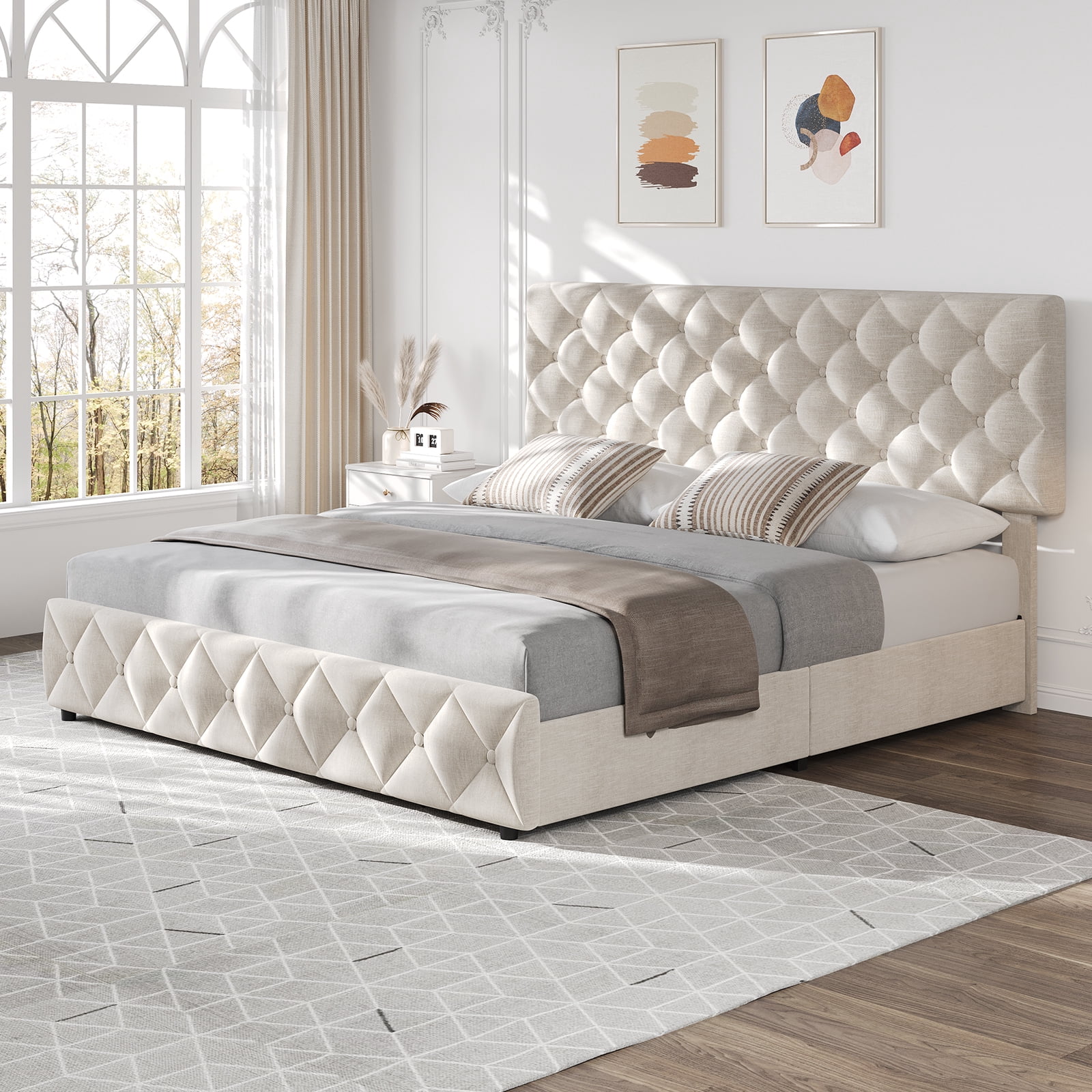 CazToi Queen Size Storage Bed 4 Drawers Adjustable Headboard 1000LB Capacity PU Leather Bed Frame
