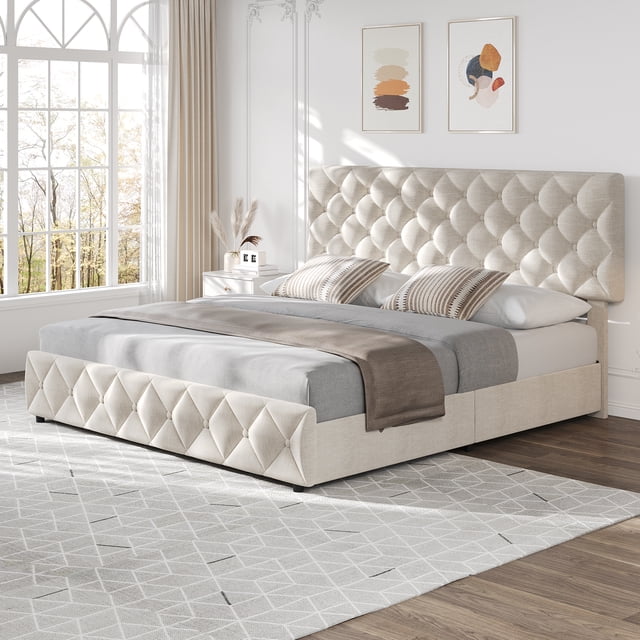 CazToi Queen Size Storage Bed 4 Drawers Adjustable Headboard 1000LB Capacity PU Leather Bed Frame