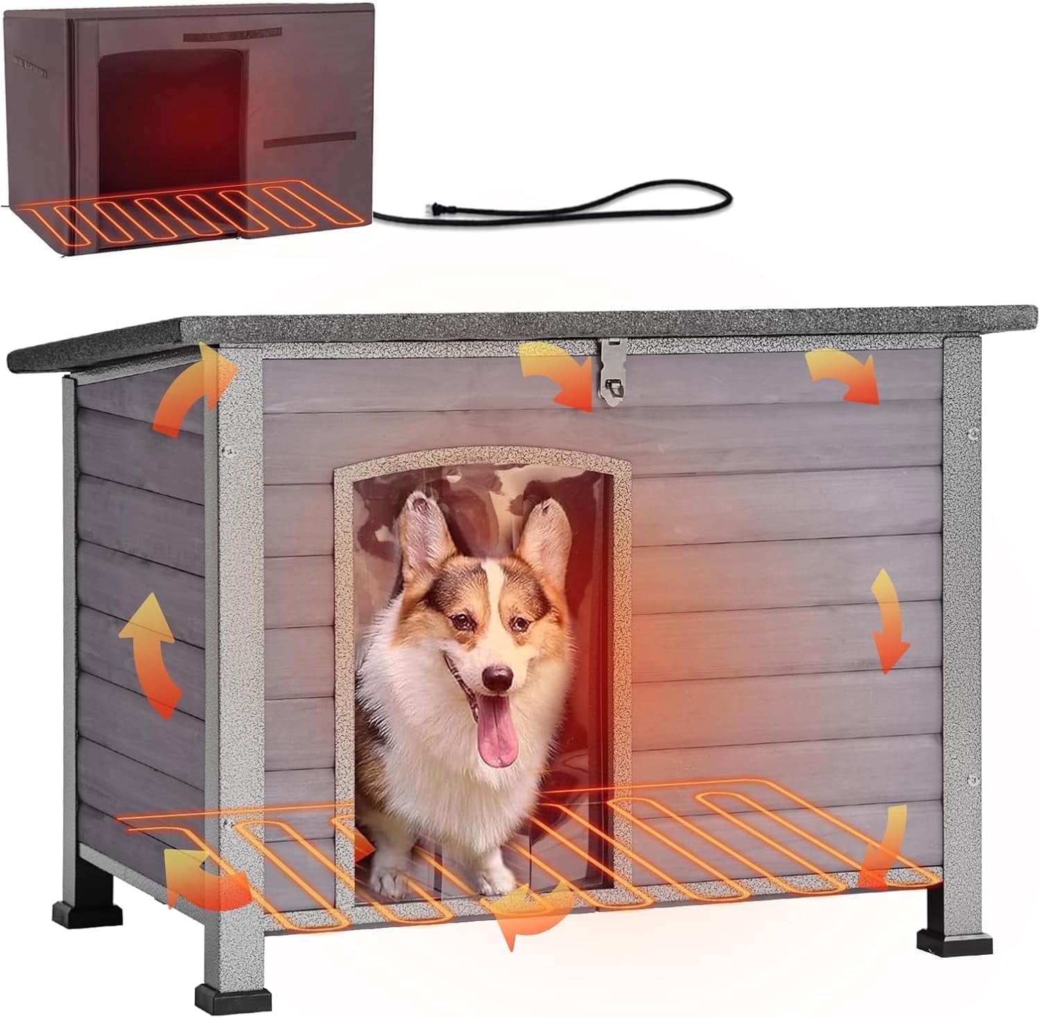 Aivituvin Heated Outdoor Dog House with Heating Pad & Insulated Liner, Winter Weatherproof Anti-Chewing Dog Kennel, Iron