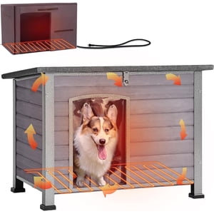 Aivituvin Maison de chien en plein air chauffée avec paillasson chauffant & Linge isolée, Kennel anti-chewing pour chien résistant aux intempéries, fer
