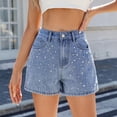 thumbnail image 1 of Haivin Short en Denim pour Femmes avec devant à Boutons, Doubles Poches et Ornements Perlés, Mode Décontractée pour le Quotidien, 1 of 7