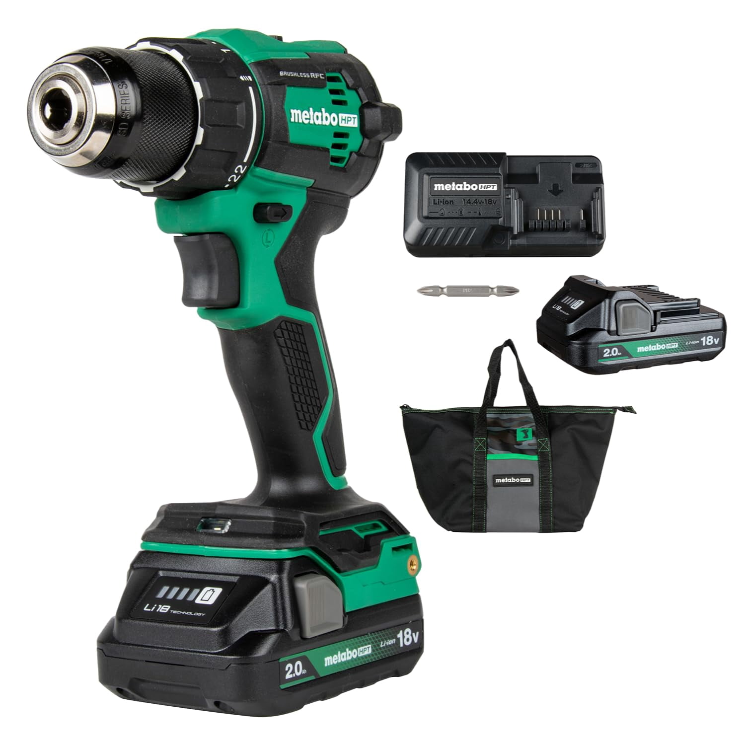 Metabo HPT 18V MultiVolt 1/2" Cordless Brushless Driver Drill Kit, High Power Drill Set with Bag, 2 Lithium-Ion Metabo Batteries and Charger, Compact