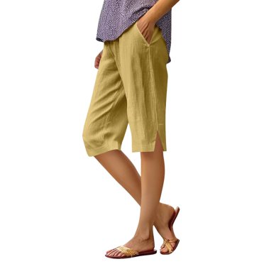 Bmisegm Women's Casual Loose Fit Drawstring Pants with Pockets in Breathable Linen Fabric for Summer Daily Wear Yellow_03 XXXL