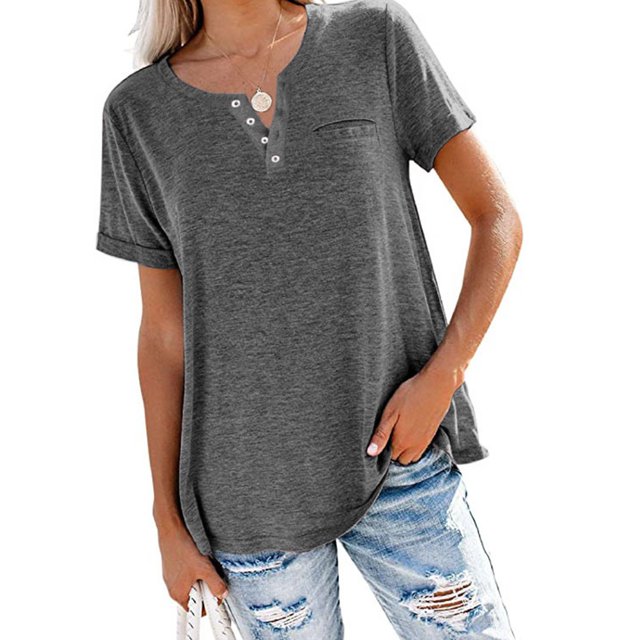 MAWCLOS Ladies T Shirt Solid Color Tops V Neck Tee Comfy Street Short Sleeve Blouse Dark Gray 3XL