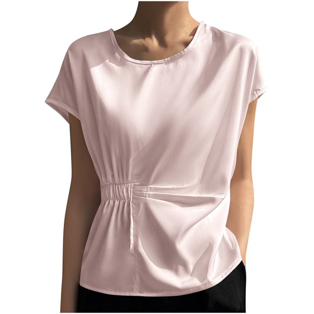 Plebaso Chemises Habillées pour Femmes Col Rond Manches Courtes Haut Décontracté Chemises Froncées Élégantes Blouses d'Été