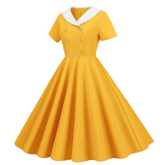 Robes pour Femmes Commerce Extérieur Col en V Manches Courtes Rétro Double Boutonnage Bouton Robe d'Été Jaune m