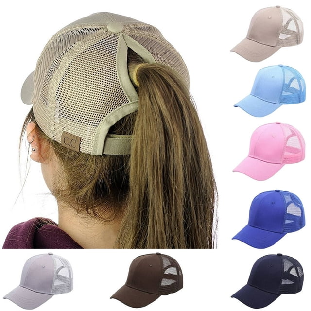 Women adjustable ponytail baseball cap featuring a mesh net trucker design with a back slot for pulling through a ponytail. Made of durable and comfortable cotton, this snapback outdoor cap is ideal for summer activities like running, cycling, golfing, and camping. The cap provides sunshade and keeps hair off the neck. Displayed in multiple colours, including beige, pink, blue, and brown.