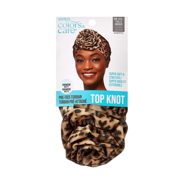 KISS - Colors & Care Top Knot Pre-Tied Turban in leopard print, shown on packaging with a model wearing the stretchy, super soft turban featuring a pre-tied top knot design that protects hair by locking in moisture and reducing frizz.