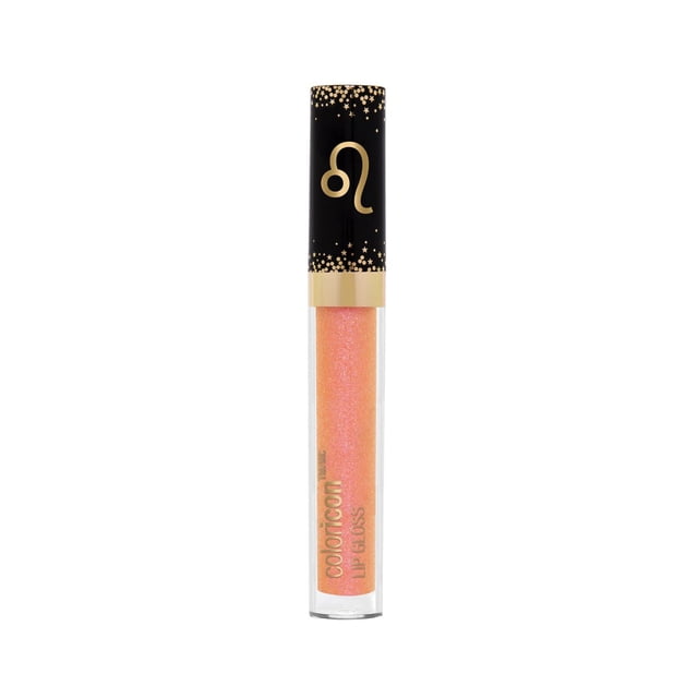 Color Icon Lip Gloss - Zodiac Collection en tube Transparent avec Gloss Scintillant Rose Pêche, Surmonté d'Une Casquette Noire Mettant en Vedette des Étoiles Dorées et le Symbole du Zodiaque Lion, Enrichi d'Huiles d'Argan, de macadamia et de jojoba pour Hydrater les Lèvres, Idéal à Porter Seul Ou par-Dessus un Rouge à Lèvres.