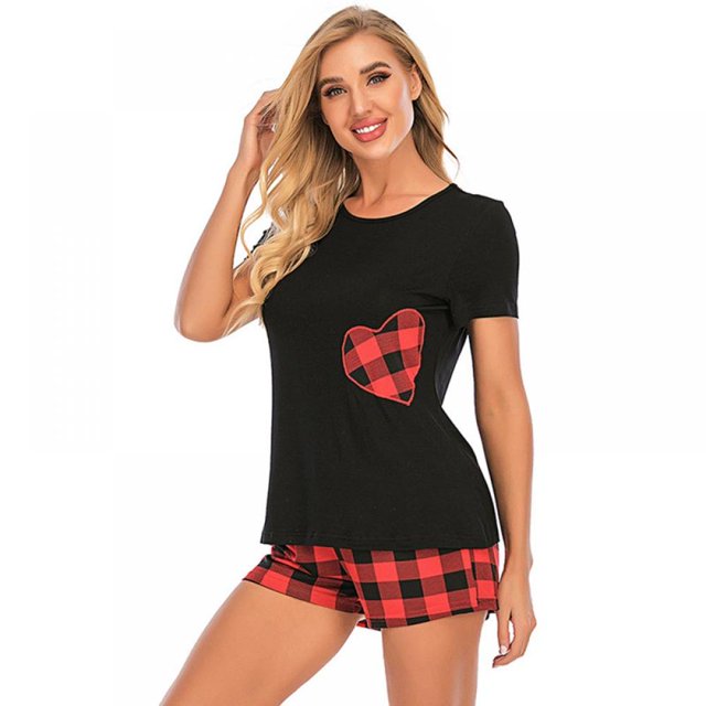 Shorty Pyjama Femmes Ultra Doux Shorts à Carreaux Pyjama Ensemble Manches Courtes Pyjama S-XXL