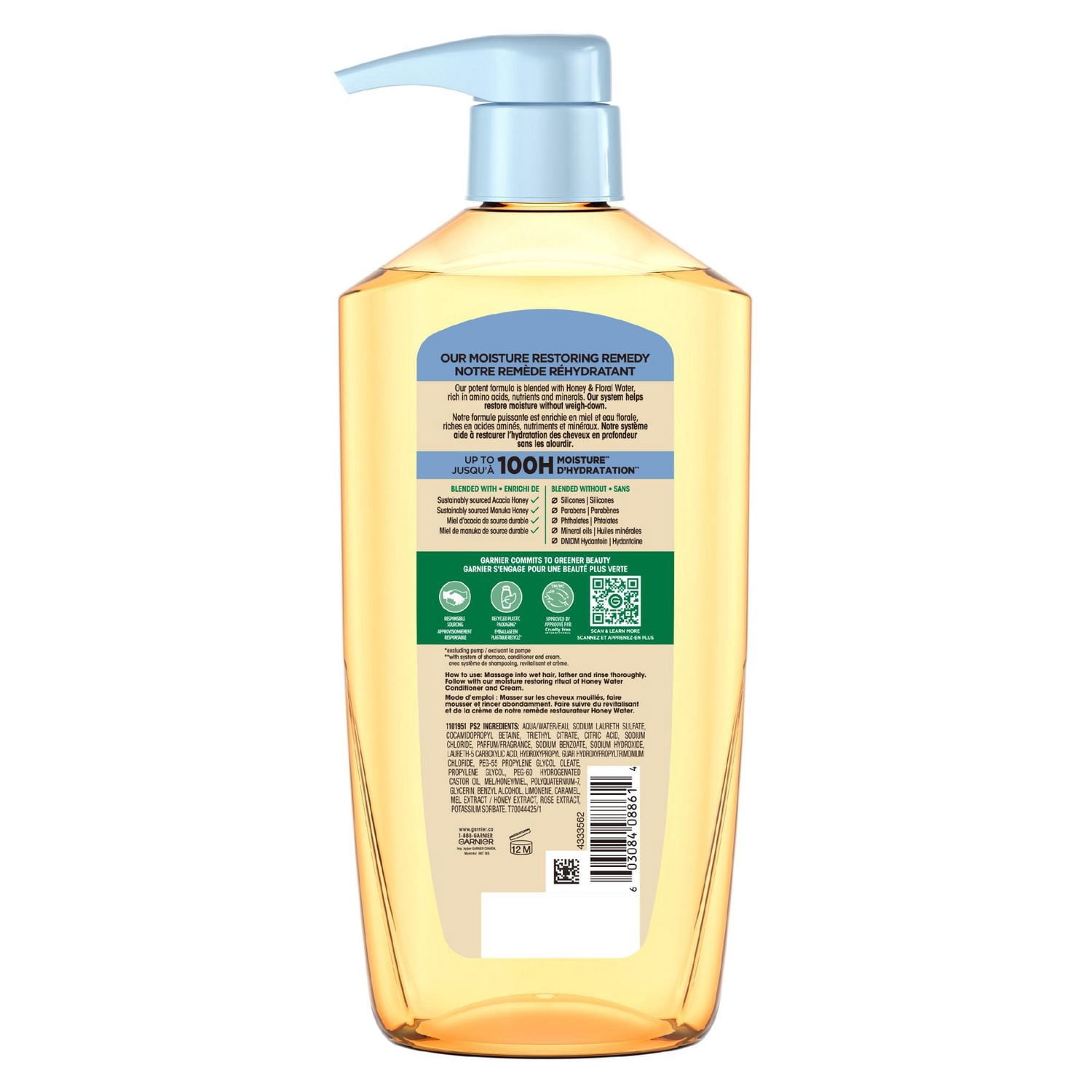 Garnier Whole Blends Honey Water Shampooing Hydratant, pour Cheveux et Cuir Chevelu Secs