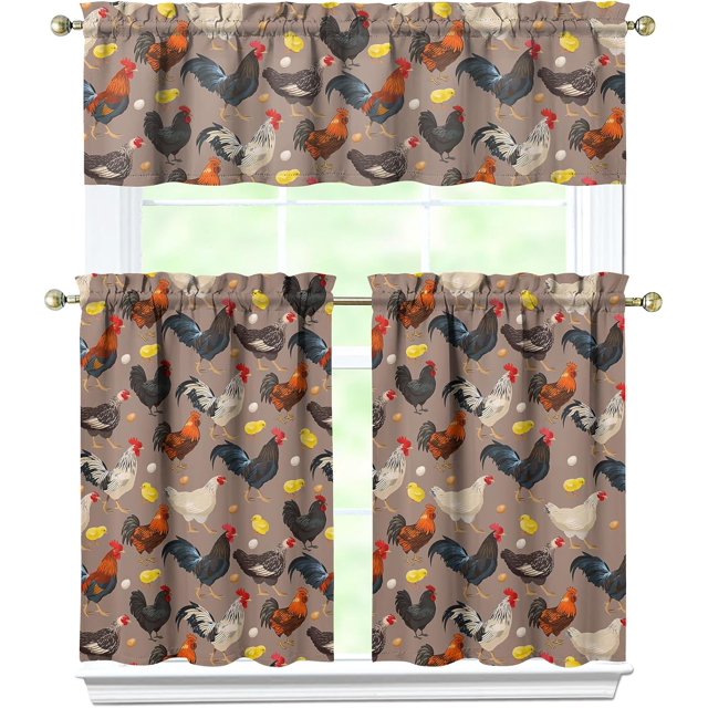 3 Piece Chicken Kitchen Curtains and Valances Set for Windows Rooster Kitchen Window Curtains Over Sink Decor 27.5x36 in
