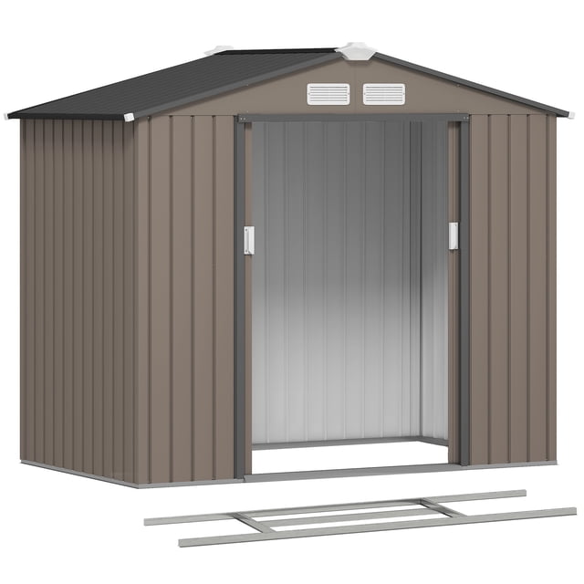 7' x 4' garden storage shed in brown with a foundation kit and double sliding doors by Outsunny. Made of galvanized steel with reinforced ridged walls for durability and corrosion resistance. Features a sloped roof, four air vents for ventilation, and ample storage space for tools and equipment. Includes a steel foundation kit for stability. Dimensions: 83.75 inches long, 51.25 inches wide, and 72.75 inches high.