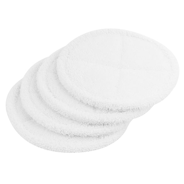 4 Pack Soft Contact Mop Pads Replacement For Spinwave 2039A 2124 Powered Hard Floor Mop. White fiber pads for hardwood floor cleaning, washable and reusable. Circular 21 cm pads compatible with hook-and-loop systems, ideal for mop accessories and cleaning supplies.