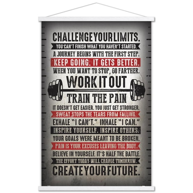 Affiche Murale Défiez Vos Limites, 14,725 Pouces x 22,375 Pouces art Mural Encadré Motivationnel Présentant un Texte Audacieux Noir et Rouge sur un Fond Gris Vieilli avec des Graphiques de Barre d'Haltérophilie, Convient à la Déco de la Maison, aux Salles de Mise en Forme Ou aux Espaces de Bureau pour Inspirer la Persévérance et la Force.