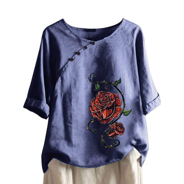 CHUANK Hauts pour Femmes en Solde à Moins de 10$ Hauts Décontractés Printemps Été Manches Longues en Coton Lin Imprimé Graphique Pissenlit Col Rond Blouses Vintage Grande Taille