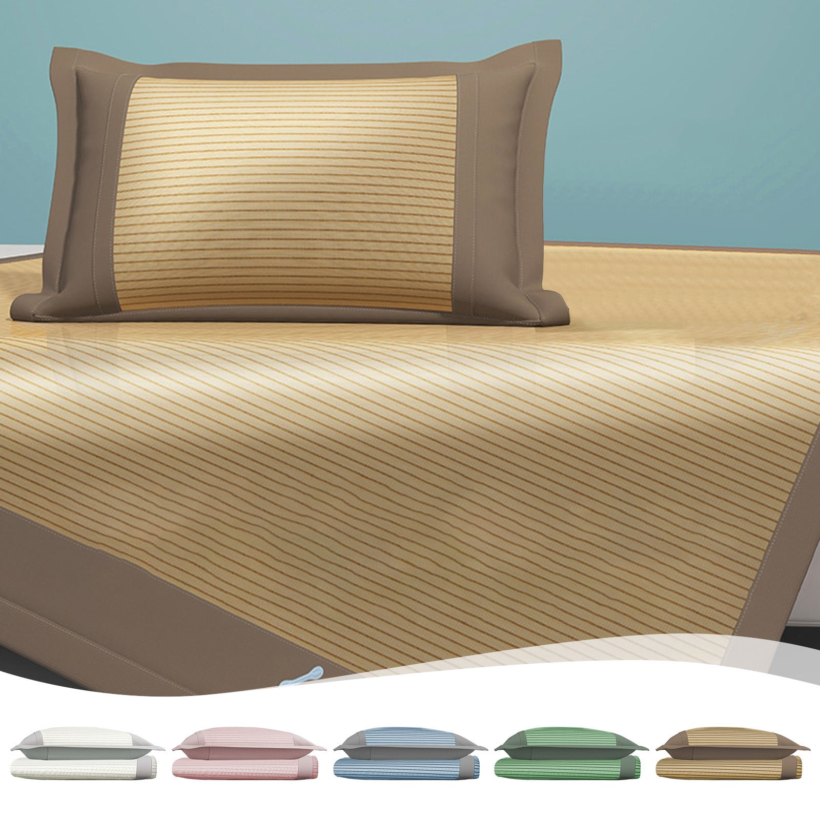 YYV Foldable Ice Silk Summer Sleeping Mat Two-Piece 35.4x78.7 in Cooling Rattan Pad Breathable Thin Mattress Cover With Fitted Sheet And Pillowcase For Dorm