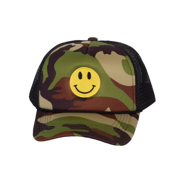 Gravity Threads Smile Face Embroidery Adjustable Trucker Hat - Camo/Bllck