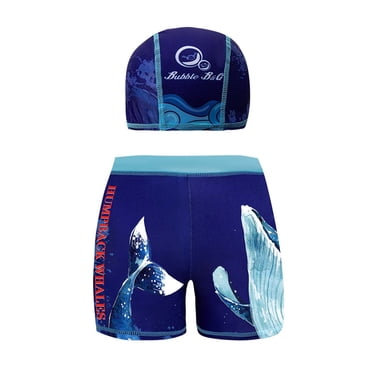 Tauxra Men's Swim Trunks with Elastic Waist and Whale Print, 2 Piece Set Including Swim Cap, Quick Dry Swimwear for Men, Summer Beach Board Shorts with Flat Front
