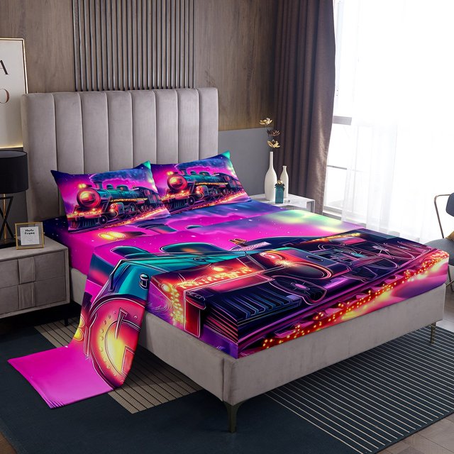 Erosebridal Train Print Queen Sheet Sets, Steam Engine Bedding, Hot Pink,, 4 Pieces