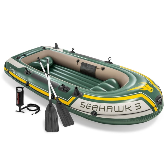 Intex Seahawk Ensemble de Bateau de Rafting Gonflable pour 3 Personnes avec Rames et Pompe en Aluminium. le Bateau Gonflable Vert et Jaune Présente une construction en PVC Robuste, Trois Chambres à air, Coussins Gonflables, Deux Porte-Cannes à Pêche, Poignées de Saisie, Porte-Rames et une Ligne de Saisie Tout Autour. Comprend Deux Rames en Aluminium de 48 Pouces, une Pompe à Haut Débit et un kit de Réparation. Conçu pour la Pêche, l'Aviron Ou la Détente, Il a une Capacité de Charge de 790 Livres et des dimensions de 116 x 54 x 17 Pouces