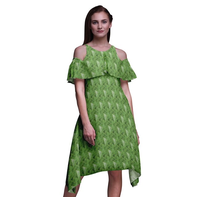 Bimba Robe Midi à Manches Volantées pour Femmes, Tunique Évasée à Épaules Dénudées, Imprimé Géométrique Vert - Moyen