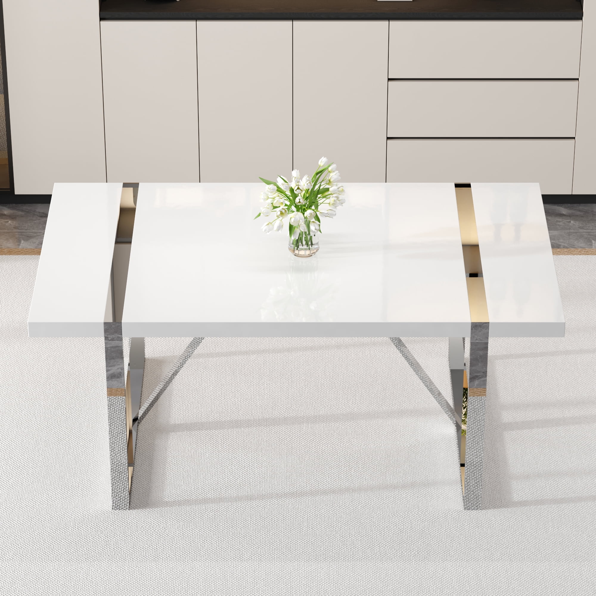 Noble House Industrial Rectangular Dining Table,2.3" Thick Wood Grain White MDF Top with Silver Metal Legs,White/Silver