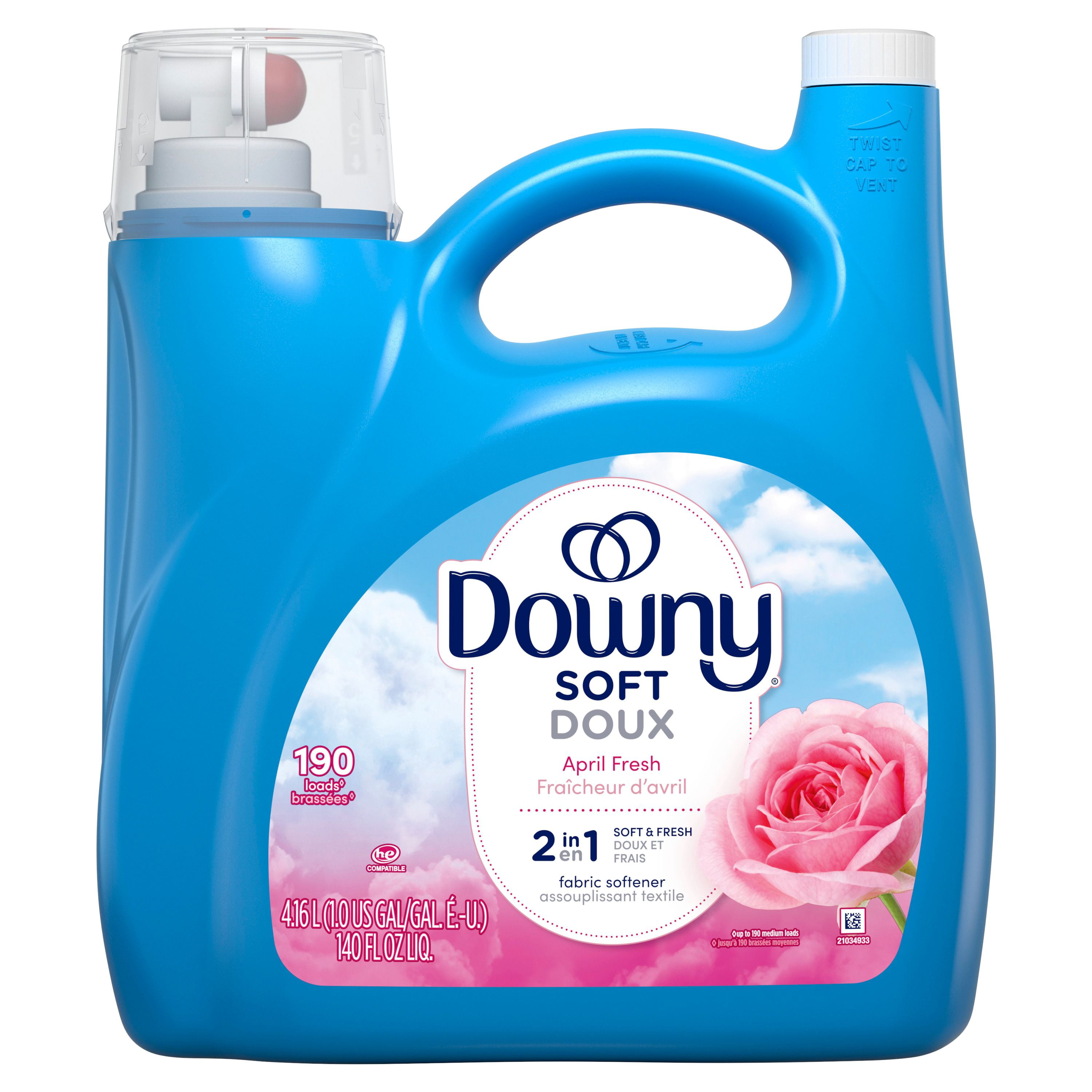 Assouplissant textile liquide Downy Doux, parfum Fraîcheur d’avril, 190 brassées, 4.16 L