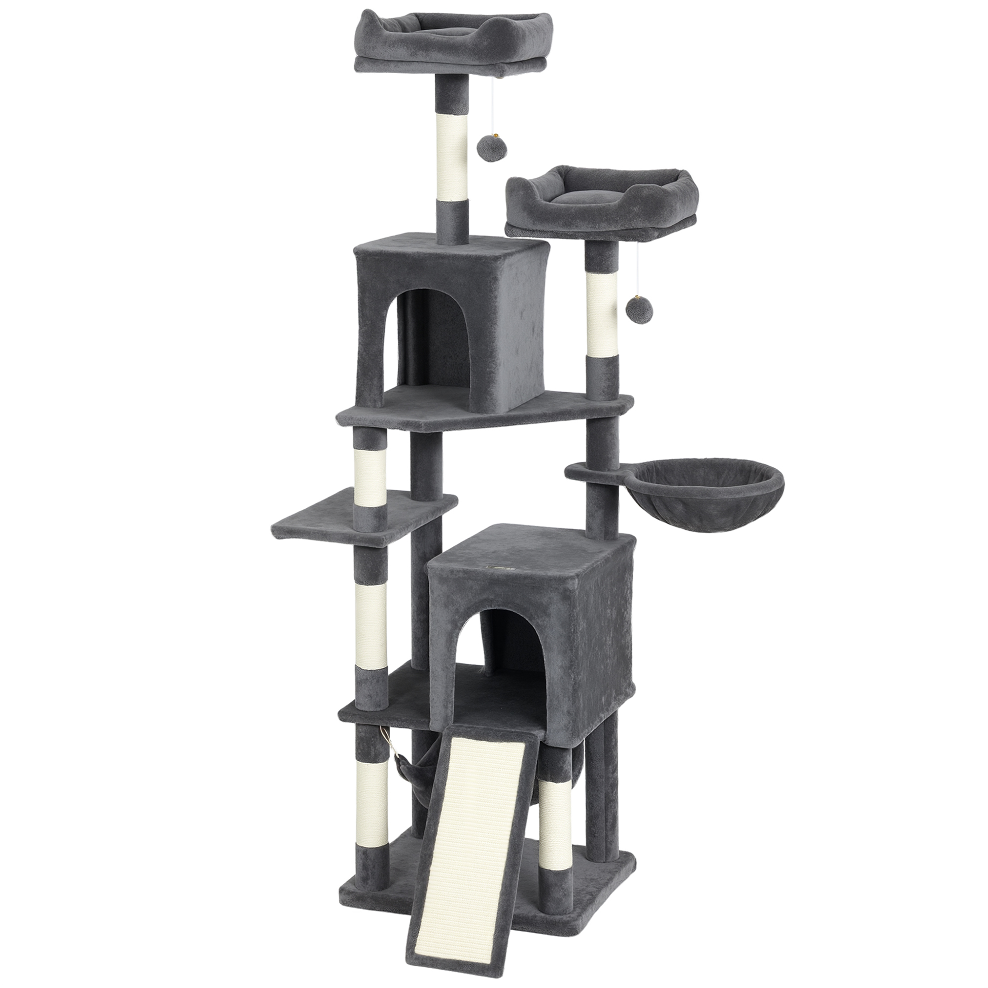 CoSoTower Cat Tree, 70" Multi-Level Cat Tower with 2 Condos, 2 Perches, Hammock, Toy Balls, Scratching Posts and Board, Dark Grey
