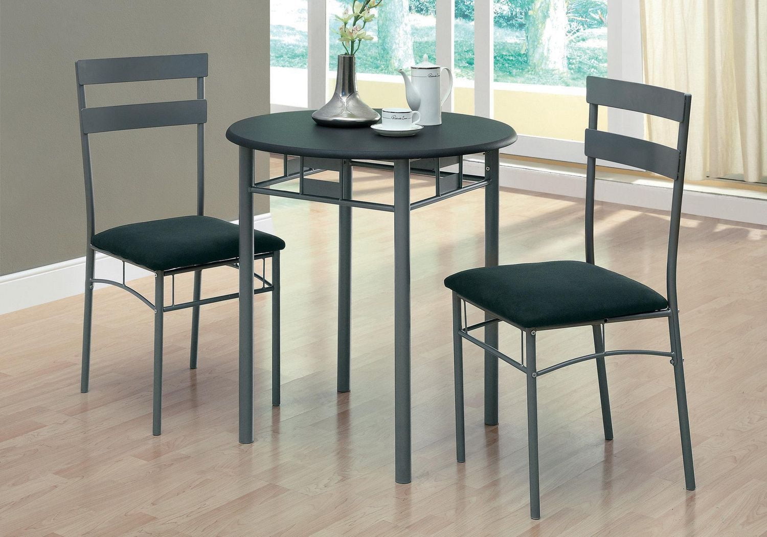 Monarch Specialties Dining Table Set, 3pcs Set, Small, 30" Round, Kitchen, Metal, Laminate, Black, Grey, Contemporary, Modern