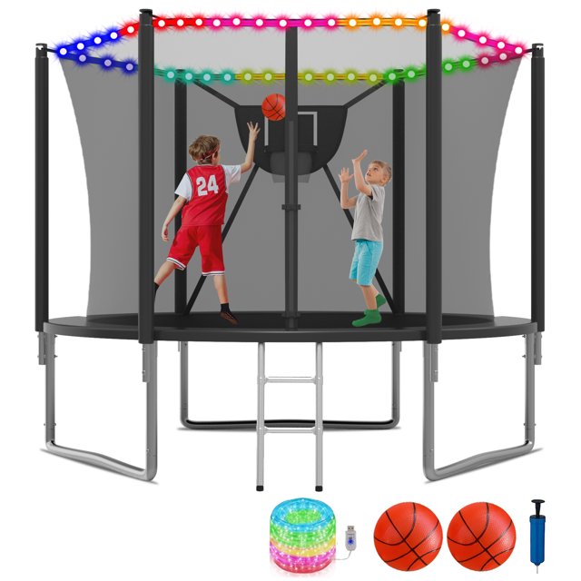 KOFUN 1000LBS 10FT Trampoline for Kids and Adults Outdoor Backyard Trampoline with Safety Enclosure Net, Removable Basketball Hoop, Ladder, Light, 2 Balls, Black
