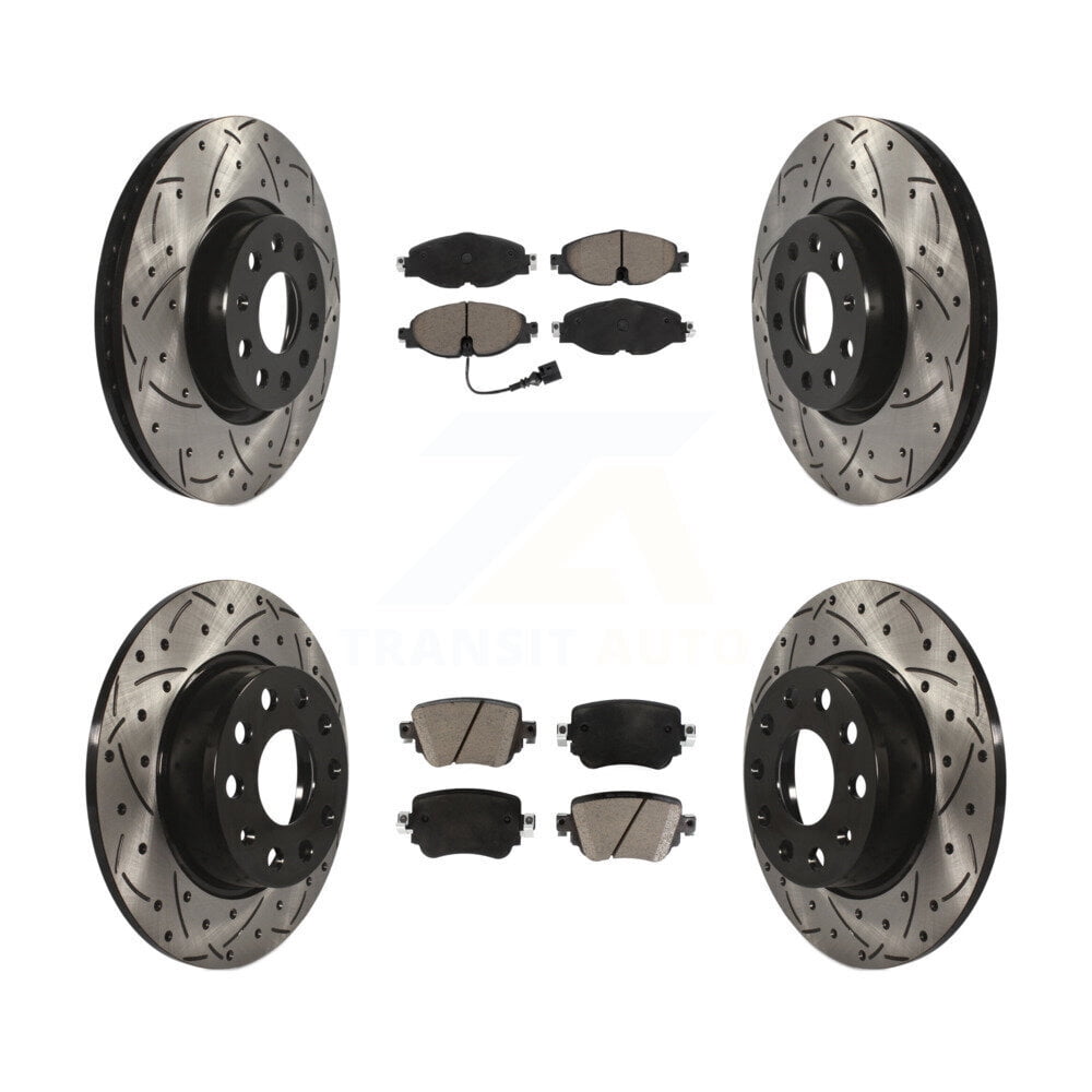 Transit Auto Front Rear Coated Drilled Slotted Disc Brake Rotors and Ceramic Pads Kit for Car Volkswagen Golf SportWagen GTI Alltrack Passat KDC-100489