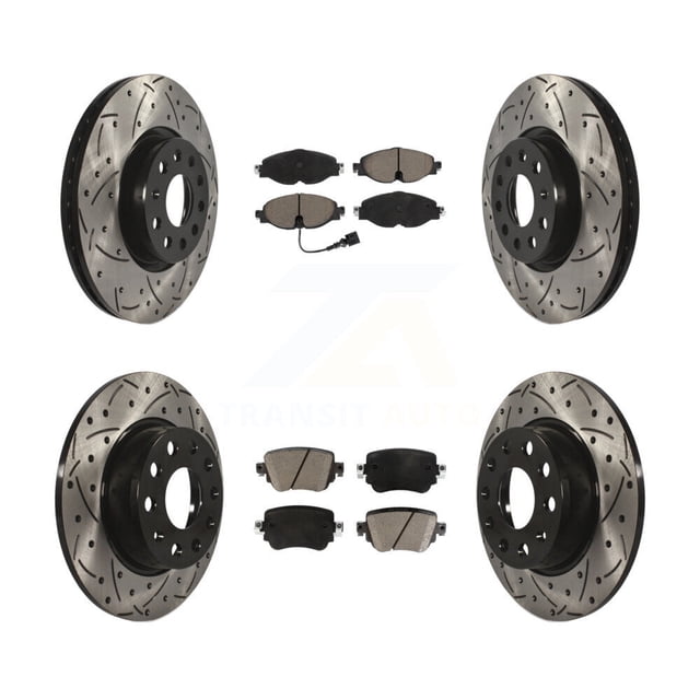 Transit Auto Front Rear Coated Drilled Slotted Disc Brake Rotors and Ceramic Pads Kit for Car Volkswagen Golf SportWagen GTI Alltrack Passat KDC-100489