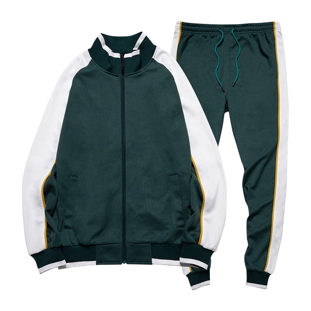 Miqool Men's Track Suits 2 Piece Sets designed for activewear, featuring a color block full zip-up jacket and matching sweatpants. Made of lightweight, breathable polyester fabric, this set is ideal for jogging, casual wear, or athletic activities in all seasons. The jacket includes a turn-down collar, long sleeves, and zipper pockets, while the sweatpants feature an elastic waistband with drawstrings. The green and white color block design is accented with yellow stripes, adding a stylish touch to men's athletic jackets.