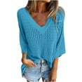 thumbnail image 2 of AherBiu 3/4 Length Sleeve Womens Tops Hollow Cable Knit Pullover Tops V Neck Loose Fall 2024 Blouses, 2 of 8