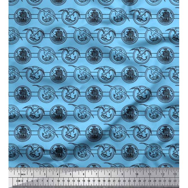 Soimoi Silk Fabric Bird,Fish & Ship Ocean Print Fabric by The Yard 42 Inch Wide