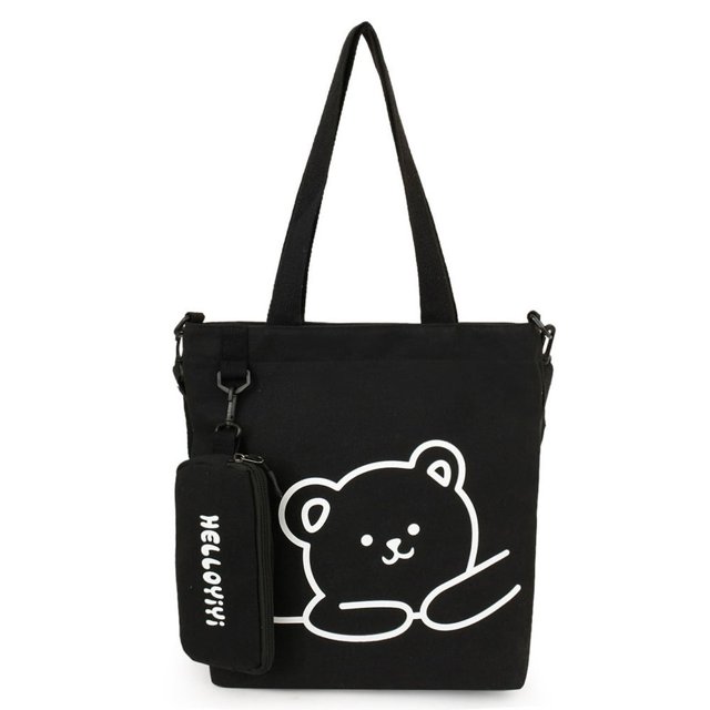 Canvas Tote Bag Bear Pattern Adjustable Strap Large Capacity Cute Kids Crossbody Bag for School